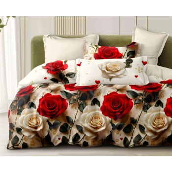 Pościel 160x200 Bawełna satynowa kremowa w róże czerwone  PK691 z prześcieradłem